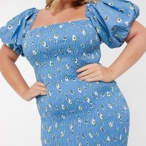 Never Fully Dressed Plus square neck puff sleeveshirred midi dress in blue flor